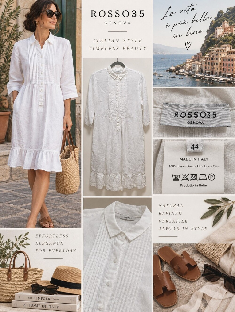 Rosso35 100% A-line Linen Peasant White Dress Italy Summer Essentials - 44 EU